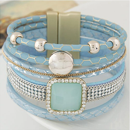 Europe and the United States retro trend multi - layer gem bracelet Korean fashion leather ultra - wide magnet buckle bracelet wholesale online jewelry