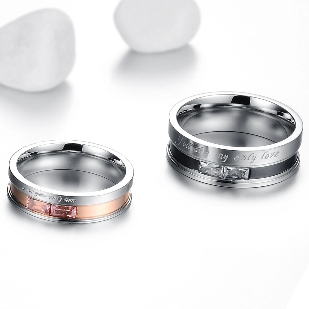 Fashion Rose Gold Black Stainless Steel Couple Finger Wedding Ring
