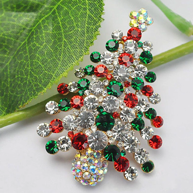 China Fashion Zinc Alloy Enameled Colorized Crystal High Christmas Tree Brooches For Christmas Gifts fabricante
