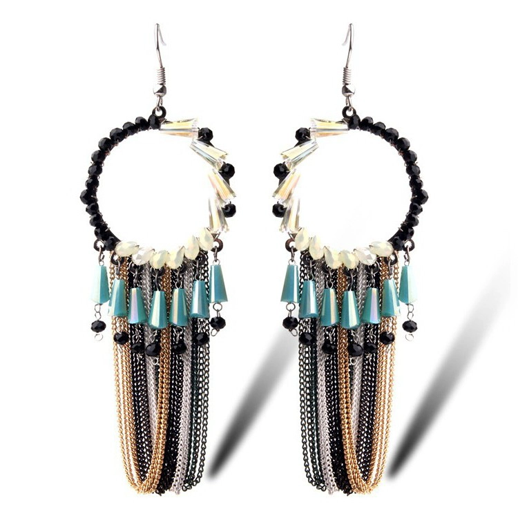 China Handmade Crystal Beads Silver Chain Tassel Earring, Colorful Metal Chains Cluster Earring manufacturer