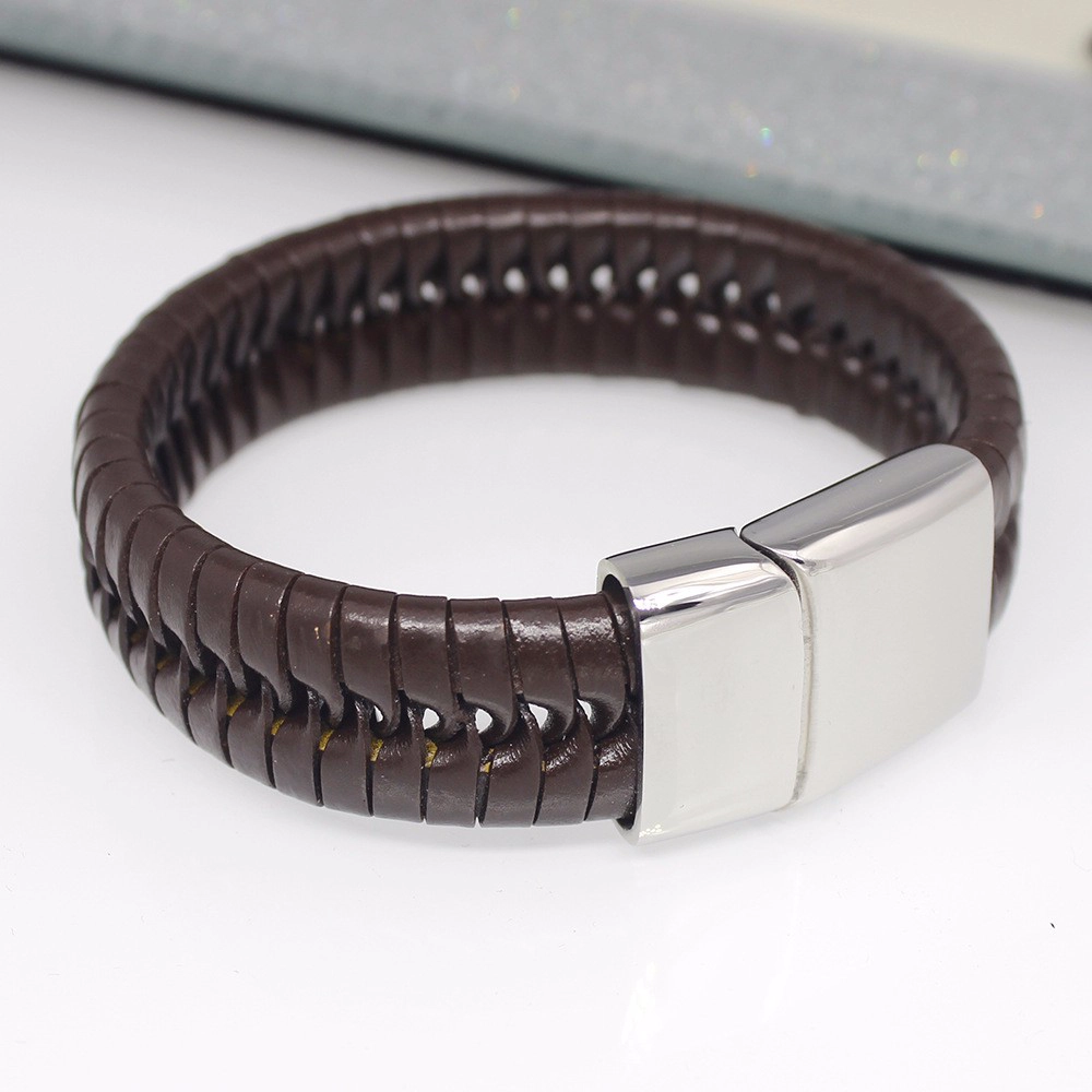Latest style coffee PU leather braided bracelets for men, Stainless Steel Titanium bracelets jewelry with metal buckle