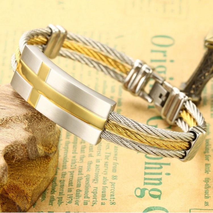Fashion Men's Stainless Steel Titanium Bracelets Wholesale Golden Jewelry ,Charm Triple Wire Bangles For Man With Metal Cross Buckle