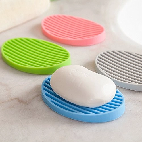 4 Pack Assorted Color Oval Silicone Soap Dish Set FDA Silicone Soap Saver Holder Tray