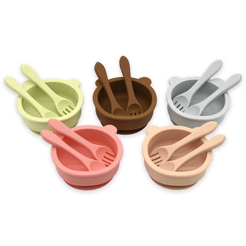 BHD 100% Food Grade Non-Toxic BPA Free Toddler First Stage Self Feeding Set Suction Silicone Baby Bowl