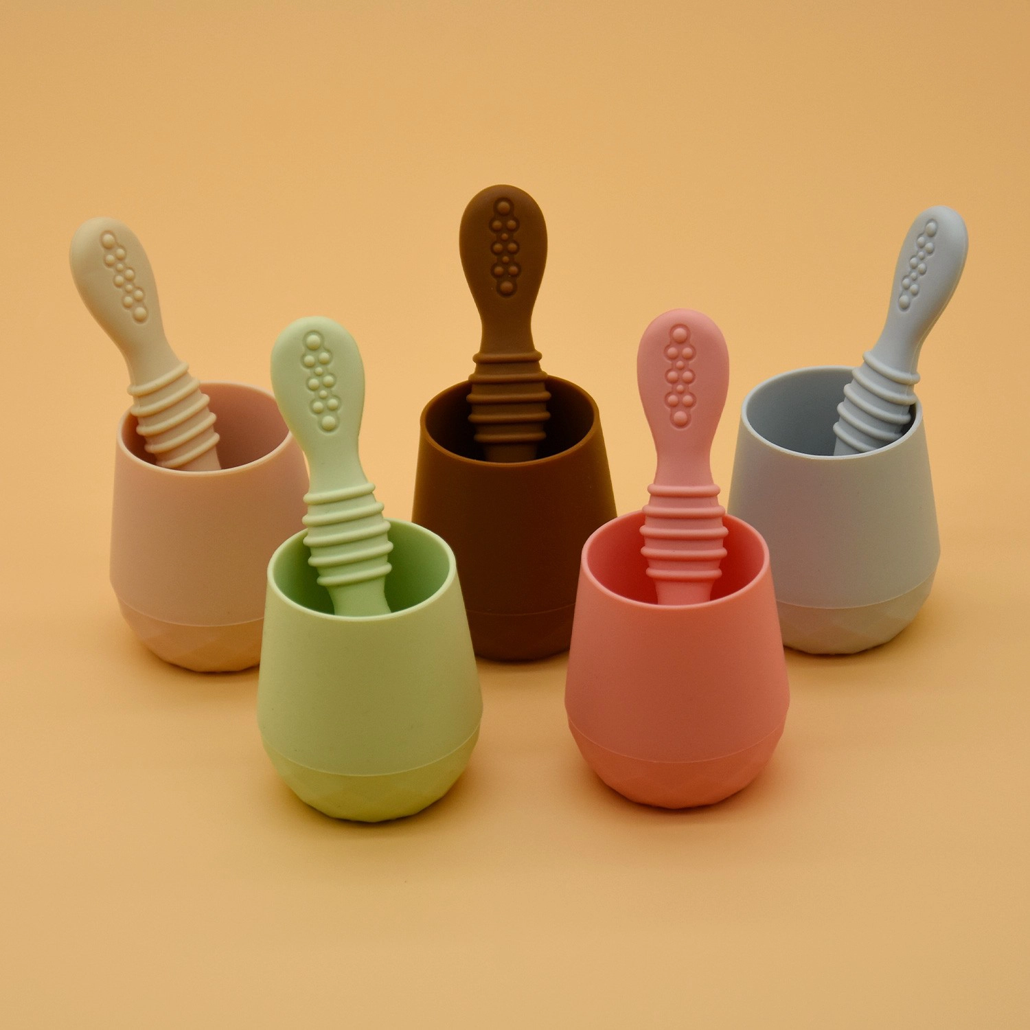 Food Grade Baby First Stage Self Feeding Utensils Toddler Baby Silicone Spoon Soft Tipped Pre Spoon Set BPA free Silicone Baby Feeding Spoon