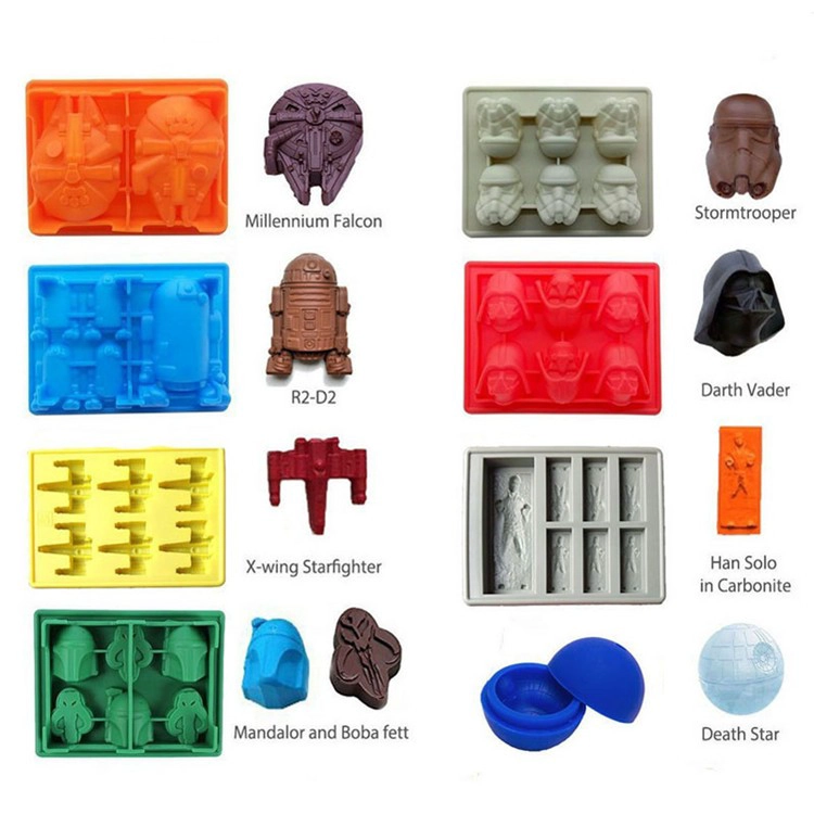 Conjunto de 8 Star Wars Silicone Chocolate Candy Mold Ice Cube Bandeja para Stormtrooper, Darth Vader, X-Wing Fighter, Millennium Falcon, R2-D2, Han Solo, Boba Fett e Death Star