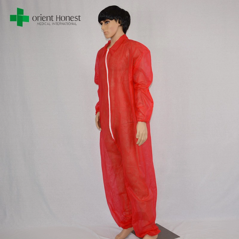 China V collar protective clothing coverall,red one time use protective coverall ,China plant protective coverall for painting manufacturer