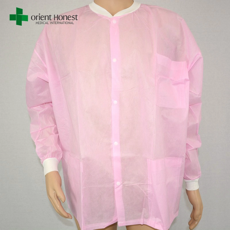 cheap pink knit collar lab coat ,spp visitor coat for food factory,nonwoven lab coats in China