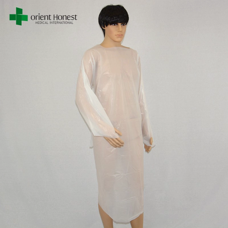 fornecedor para bata descartável isolamento CPE, impermeável fornecedor vestidos CPE, estilo CPE batas hospitalares one piece