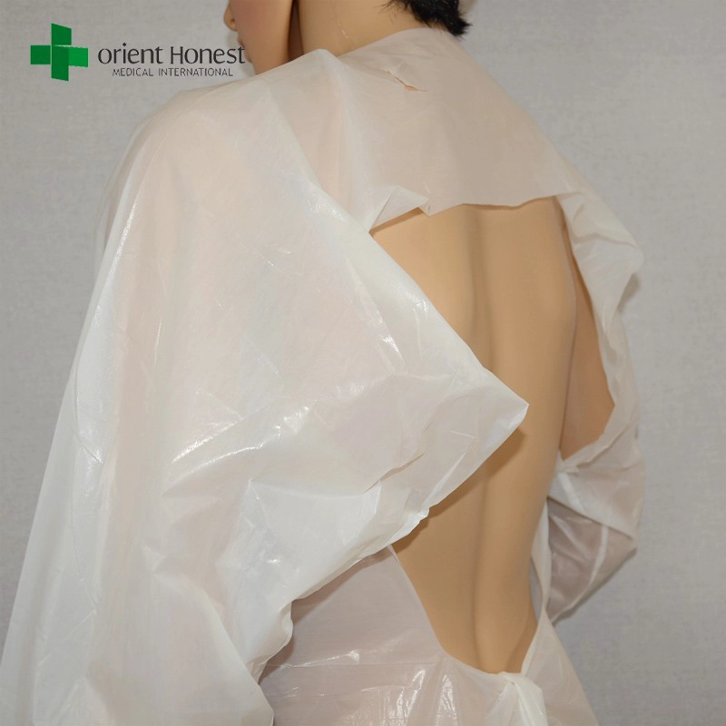 fornecedor para bata descartável isolamento CPE, impermeável fornecedor vestidos CPE, estilo CPE batas hospitalares one piece