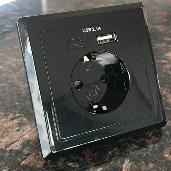 Placa de parede estilo alemão cor preta com tomada USB carregador UE