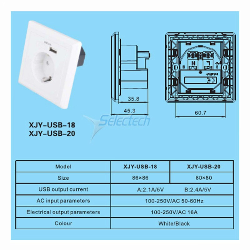 Placa de parede estilo alemão cor preta com tomada USB carregador UE