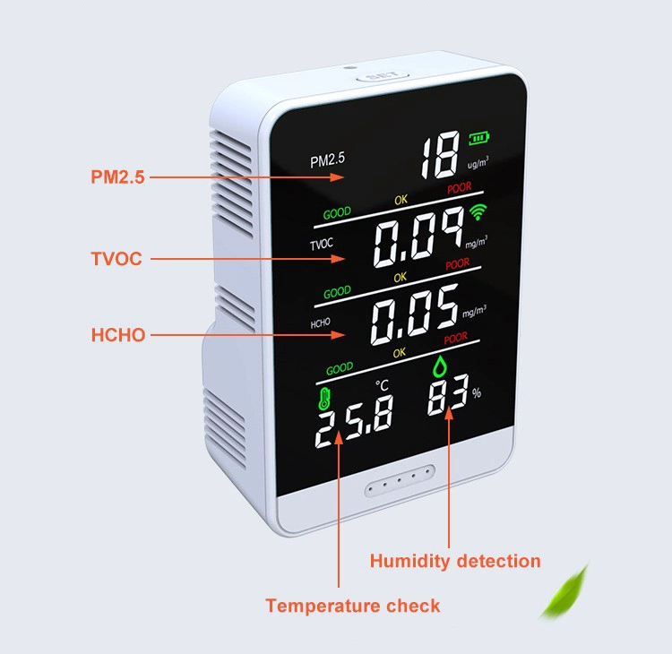 درجة حرارة سطح المكتب والرطوبة مراقبة TVOC HCHO PM2.5 الهواء في الأماكن المغلقة مراقبة الجودة