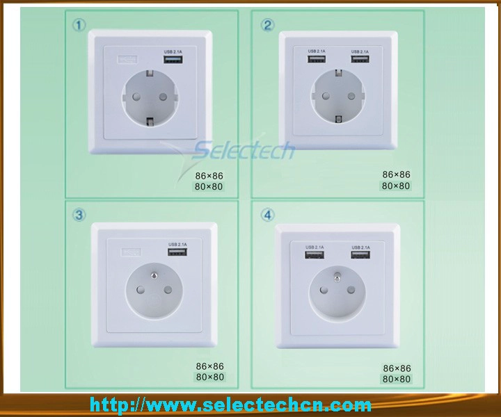 UE standred USB carregador de parede Schuko tomada 80 * 80 tipo placa de parede francesa Dual portas USB Carregador