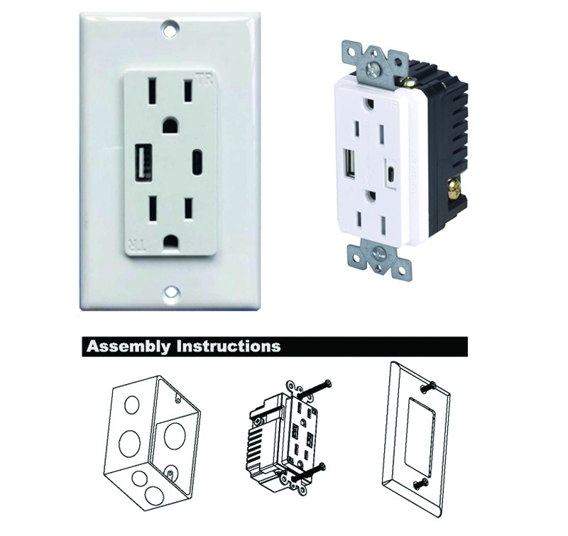Charge rapide Type-C QC 3.0 Prises murales USA à chargement rapide avec USB 5V 2.1A