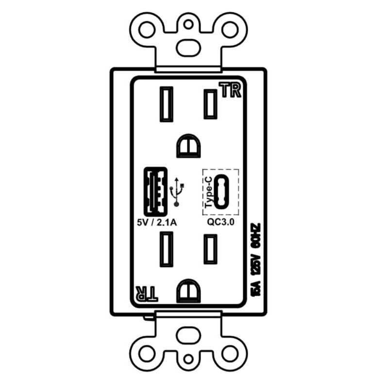 Charge rapide Type-C QC 3.0 Prises murales USA à chargement rapide avec USB 5V 2.1A
