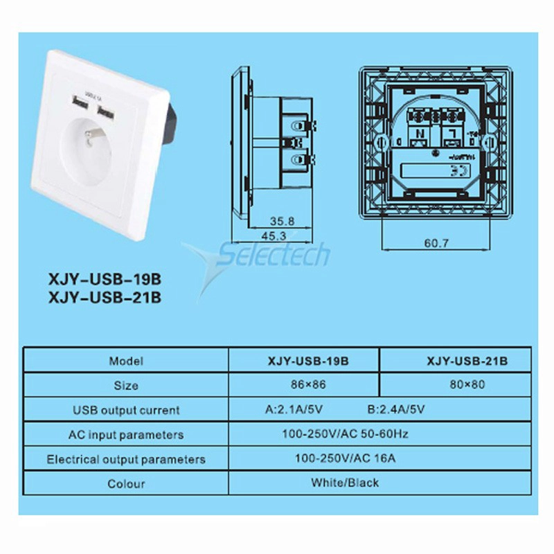 USB-18B EU Schuko socket 86 * 86 square German type Wall in AC socket with Dual ports USB Charger