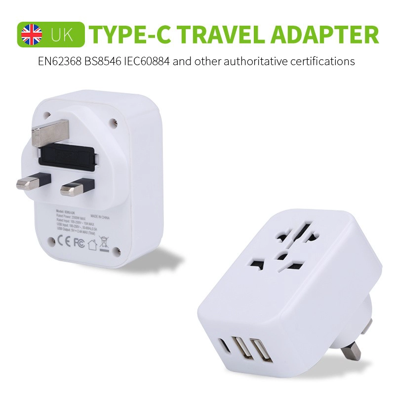 Adattatore da viaggio con spina britannica universale 3.0A tipo C BS8546 Adattatore da viaggio UK con doppio caricatore USB 2.4A