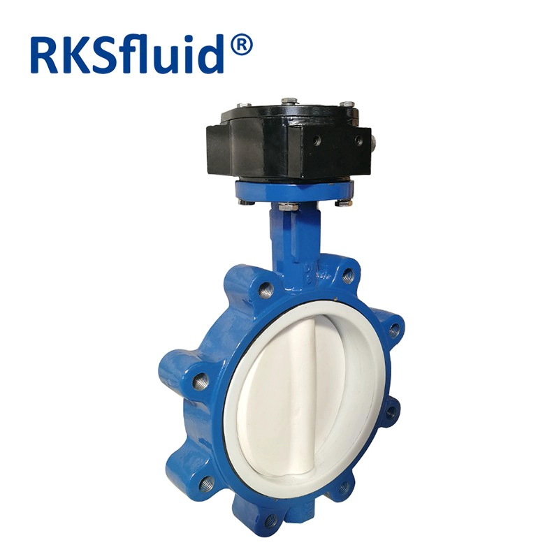 China RKSfluid ductile iron lug type PTFE lined butterfly valve for seawater with handle lever manufacturer