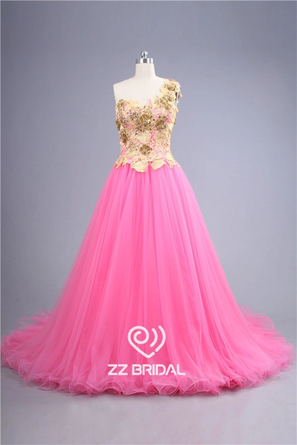 2016 última encaje guipur amarilla appliqued el vestido de novia de un solo hombro de color rosa de China