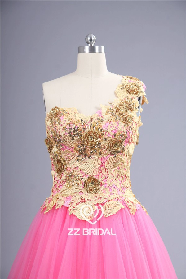 2016 última encaje guipur amarilla appliqued el vestido de novia de un solo hombro de color rosa de China