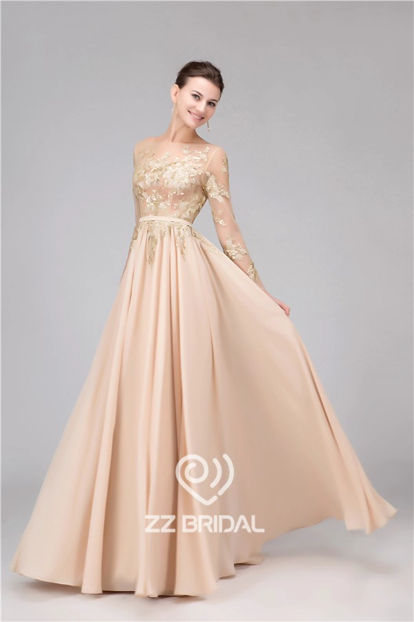 A-Line paillettes longue ceinture manches longue robe de soirée nue fabriqués en Chine