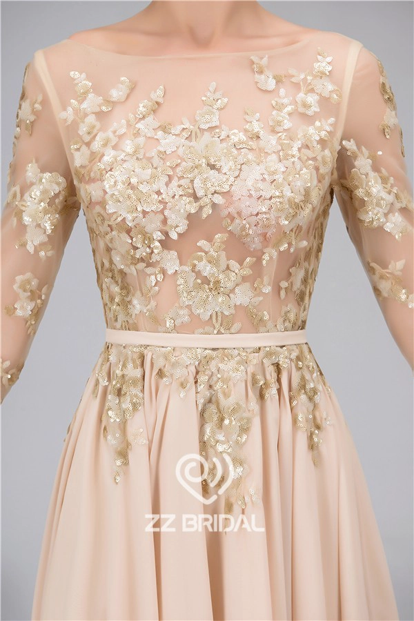 A-Line paillettes longue ceinture manches longue robe de soirée nue fabriqués en Chine