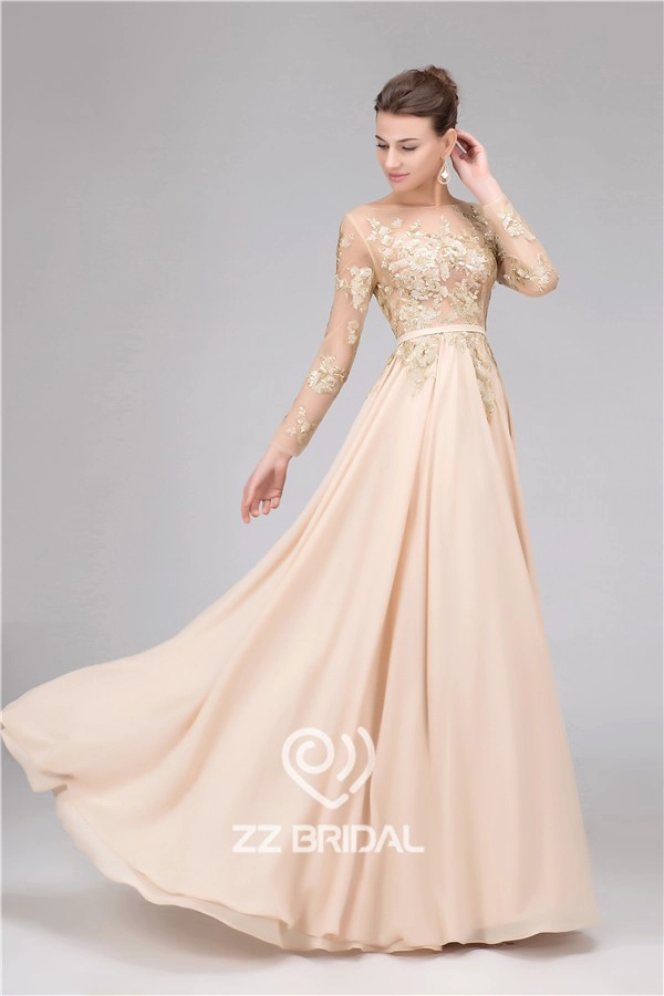 A-Line paillettes longue ceinture manches longue robe de soirée nue fabriqués en Chine
