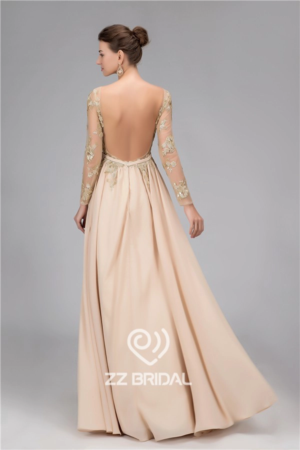 A-Line paillettes longue ceinture manches longue robe de soirée nue fabriqués en Chine
