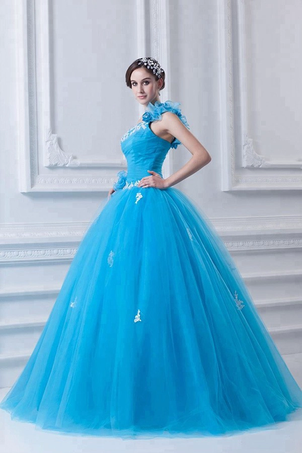 Appliques bleues volants une robe de bal epaule robe de bal pas cher 2019