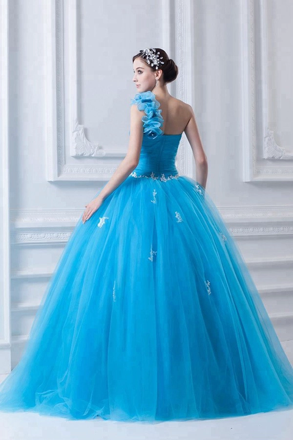 Appliques bleues volants une robe de bal epaule robe de bal pas cher 2019
