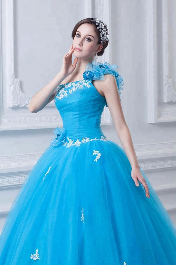 Appliques bleues volants une robe de bal epaule robe de bal pas cher 2019