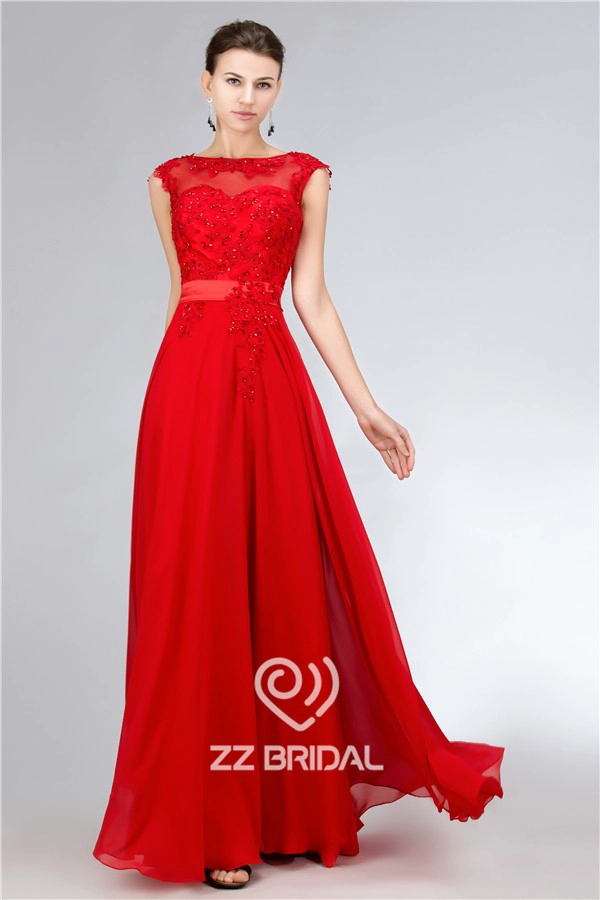 China Leuchtend rote Chiffon Perlen Halsausschnitt Kappenhülse v-back langes Abendkleid Lieferanten Hersteller