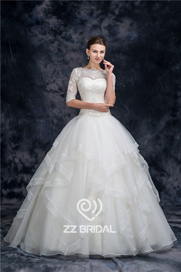 Charming half sleeve illusion neckline full length organza princess wedding dress manufacturer