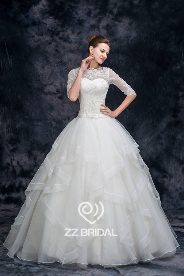 Charming half sleeve illusion neckline full length organza princess wedding dress manufacturer
