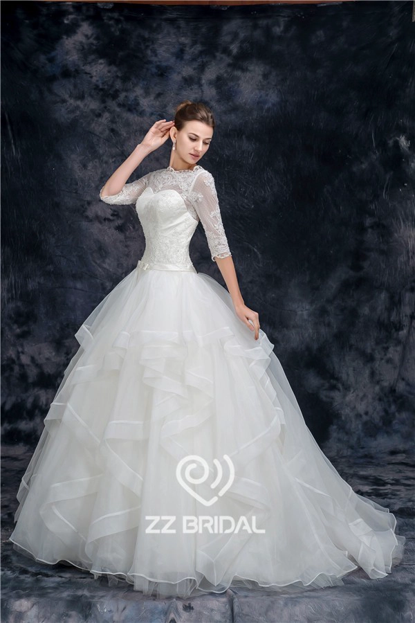 Charming half sleeve illusion neckline full length organza princess wedding dress manufacturer