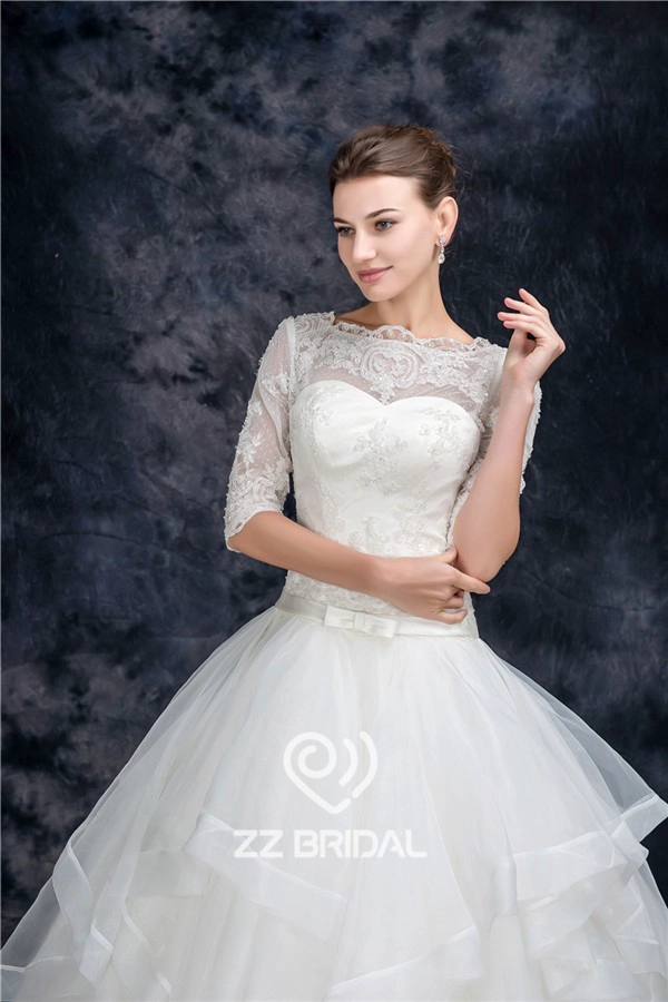 Charming half sleeve illusion neckline full length organza princess wedding dress manufacturer