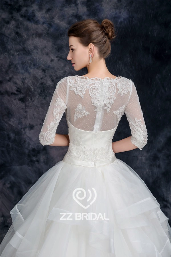 Charming half sleeve illusion neckline full length organza princess wedding dress manufacturer
