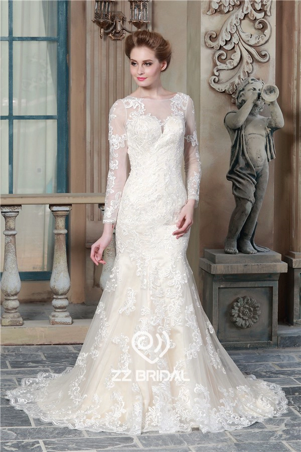 Chine À manches longues en dentelle appliqued Chine voir à travers sirène retour robe de mariage avec le fournisseur fabricant