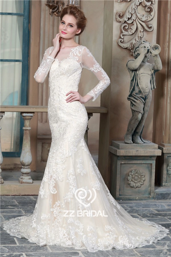 China long sleeve lace appliqued see through back mermaid wedding dress supplier