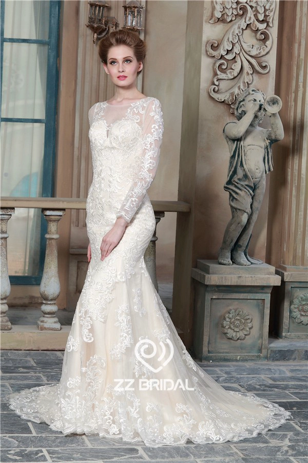 China long sleeve lace appliqued see through back mermaid wedding dress supplier