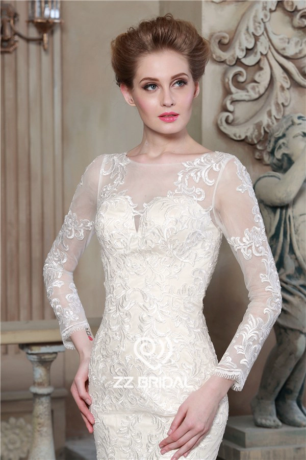 China long sleeve lace appliqued see through back mermaid wedding dress supplier