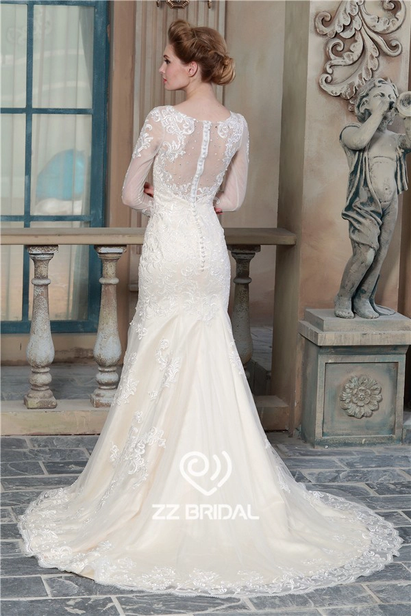 China long sleeve lace appliqued see through back mermaid wedding dress supplier