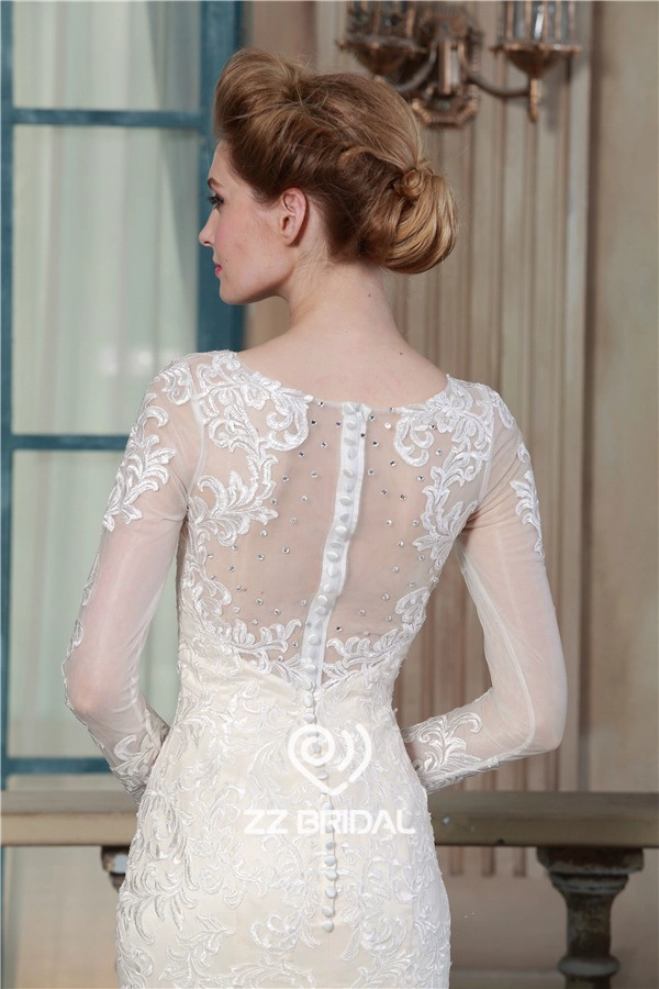 China long sleeve lace appliqued see through back mermaid wedding dress supplier