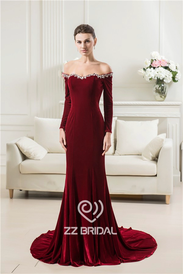 Chine Chine épaule perlée décolleté amie de longue velours manches robe de soirée longue sirène hors fabricant