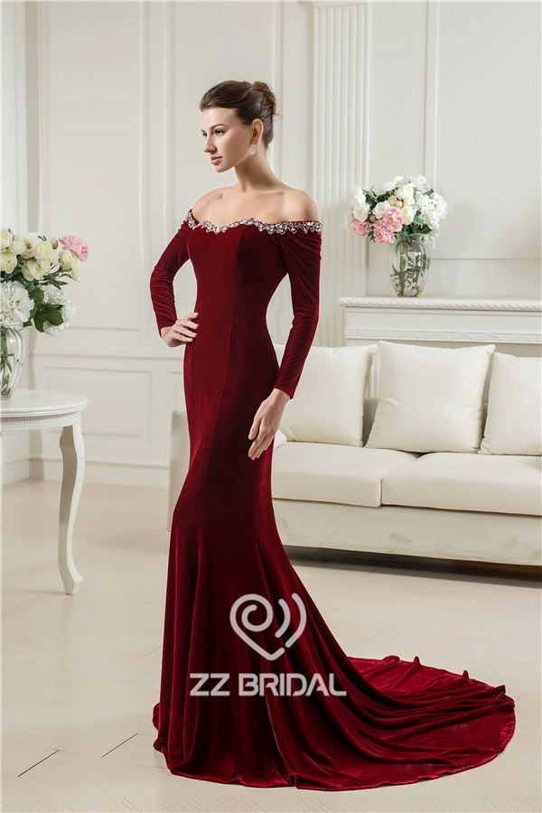China off shoulder kralen lieverd hals lange mouw fluwelen lange zeemeermin avondjurk