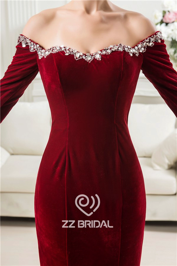 China off shoulder kralen lieverd hals lange mouw fluwelen lange zeemeermin avondjurk
