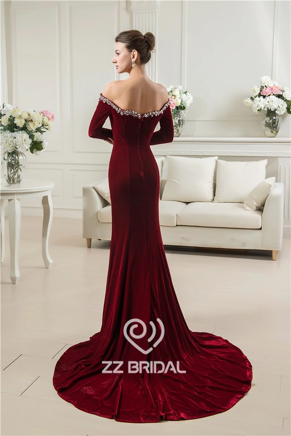 China off shoulder kralen lieverd hals lange mouw fluwelen lange zeemeermin avondjurk