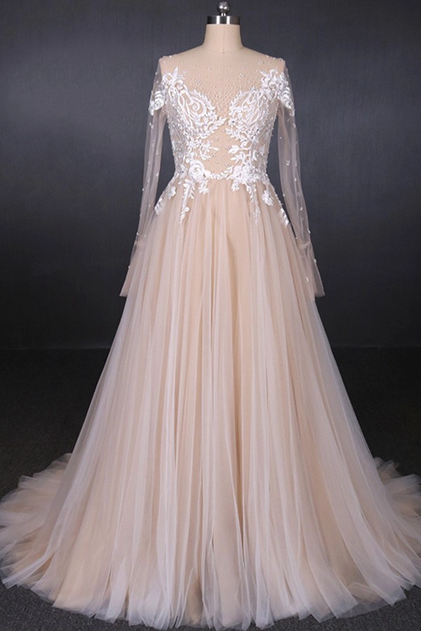 Robe de mariée élégante dentelle Robe de mariée Champagne Illusion Une ligne robes de mariée 2019