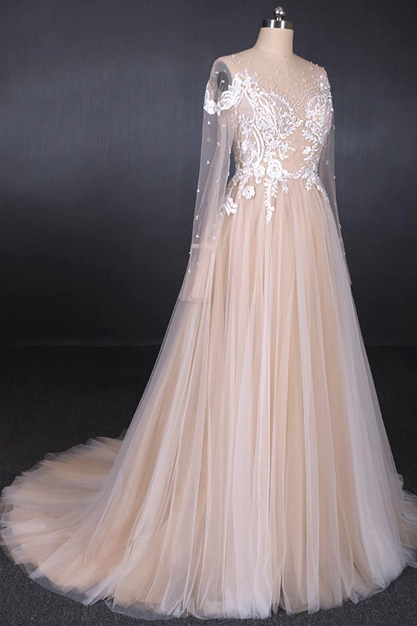 Robe de mariée élégante dentelle Robe de mariée Champagne Illusion Une ligne robes de mariée 2019